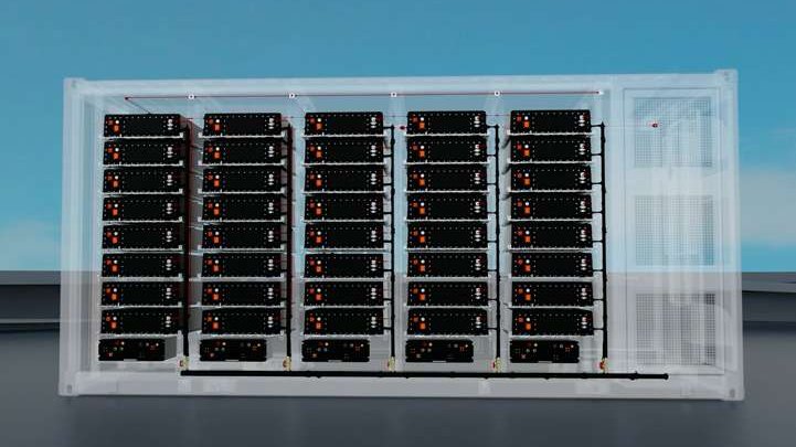 Racks de batteries dans un conteneur ouvert